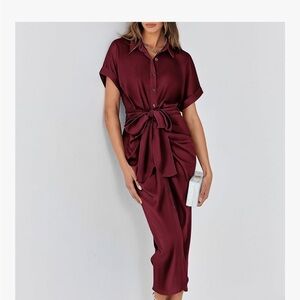 NWT Burgundy Satin Button Down Ruched Maxi Dress Size S